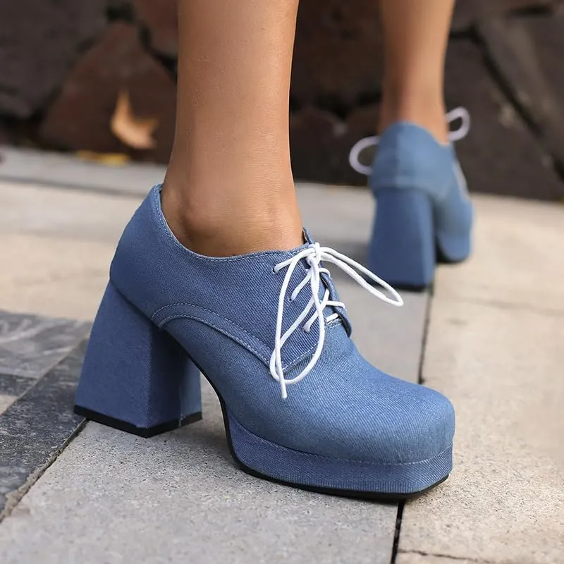 SEIFIN Women's Block High Heel Platform Pumps Square Toe Lace Up Ankle Booties Chunky Wingtip Oxford Dress Shoes