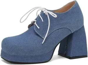 SEIFIN Women's Block High Heel Platform Pumps Square Toe Lace Up Ankle Booties Chunky Wingtip Oxford Dress Shoes