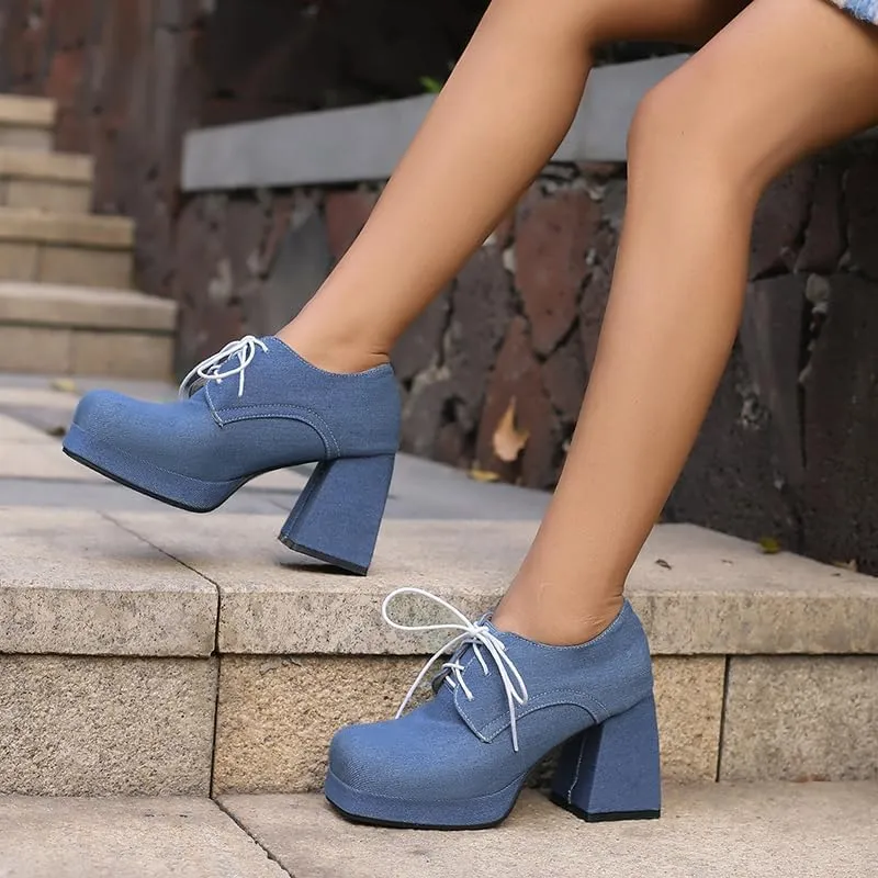 SEIFIN Women's Block High Heel Platform Pumps Square Toe Lace Up Ankle Booties Chunky Wingtip Oxford Dress Shoes