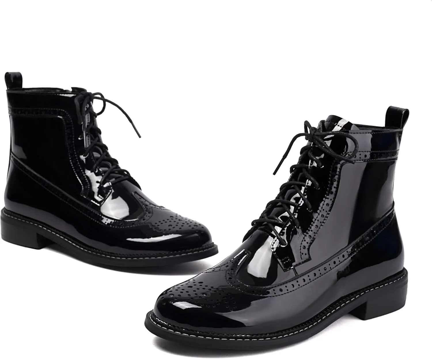 SEIFIN Women's Wingtip Oxford Boot Combat Boots Side Zip Ankle Motorcycle Boots Dressy Lace Up Wingtip Brogue Short Booties