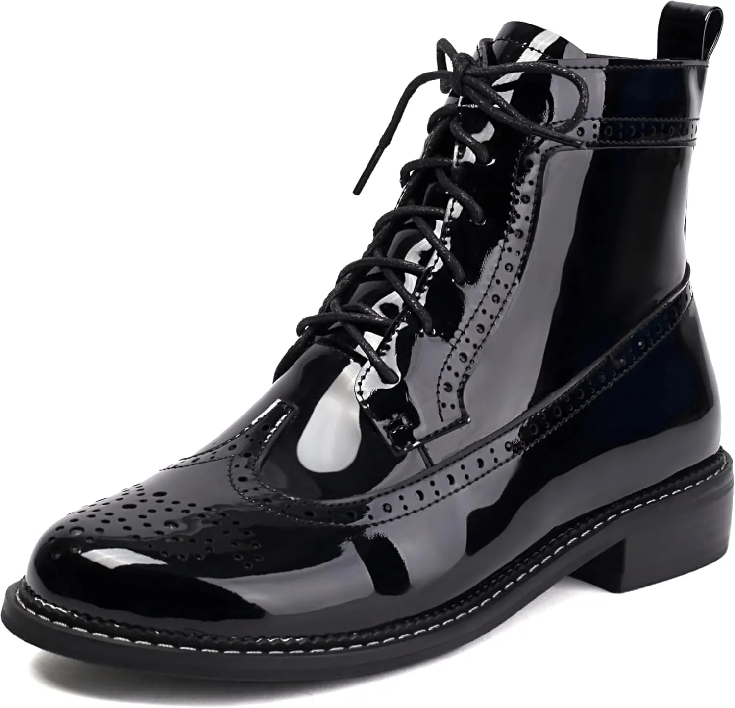 SEIFIN Women's Wingtip Oxford Boot Combat Boots Side Zip Ankle Motorcycle Boots Dressy Lace Up Wingtip Brogue Short Booties
