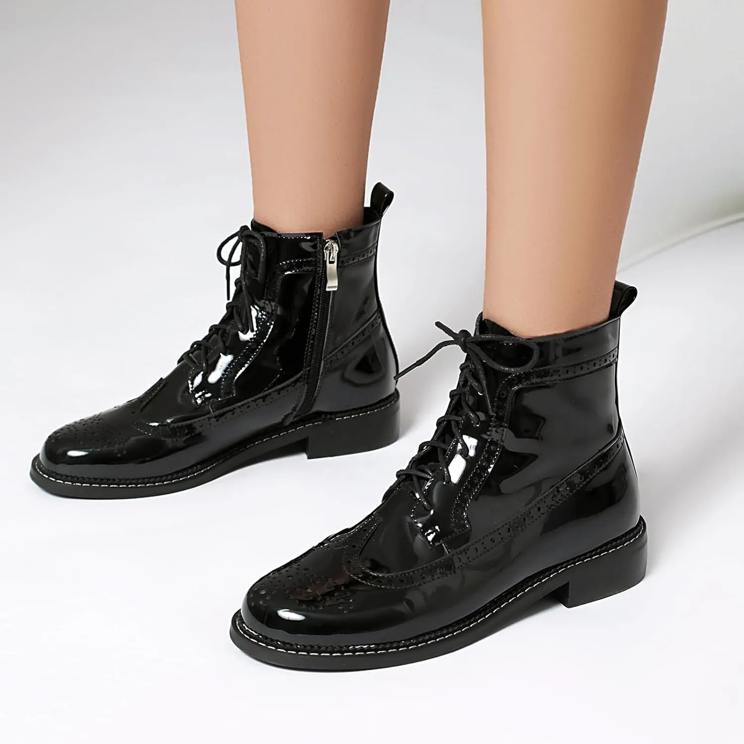 SEIFIN Women's Wingtip Oxford Boot Combat Boots Side Zip Ankle Motorcycle Boots Dressy Lace Up Wingtip Brogue Short Booties