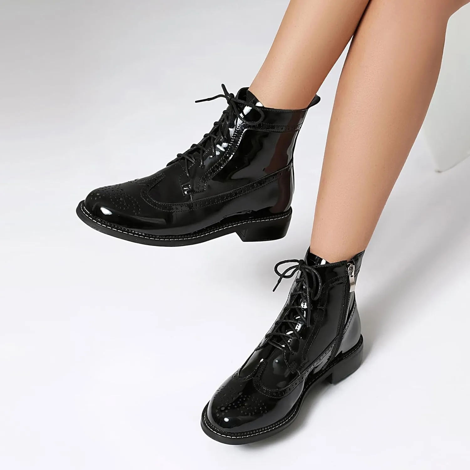 SEIFIN Women's Wingtip Oxford Boot Combat Boots Side Zip Ankle Motorcycle Boots Dressy Lace Up Wingtip Brogue Short Booties