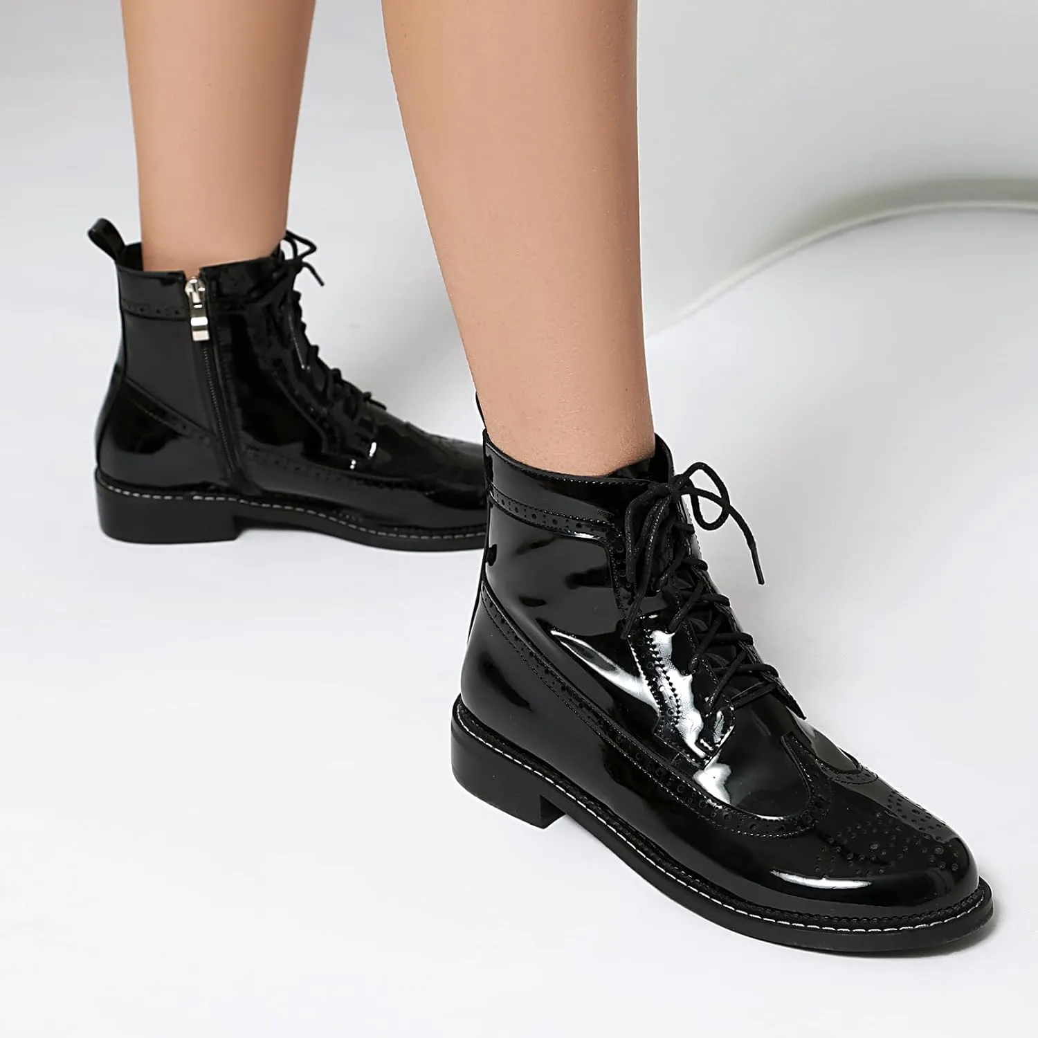 SEIFIN Women's Wingtip Oxford Boot Combat Boots Side Zip Ankle Motorcycle Boots Dressy Lace Up Wingtip Brogue Short Booties