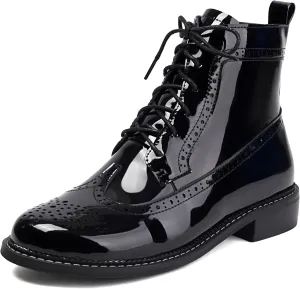 SEIFIN Women's Wingtip Oxford Boot Combat Boots Side Zip Ankle Motorcycle Boots Dressy Lace Up Wingtip Brogue Short Booties