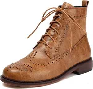 SEIFIN Women's Wingtip Oxford Boot Combat Boots Side Zip Ankle Motorcycle Boots Dressy Lace Up Wingtip Brogue Short Booties