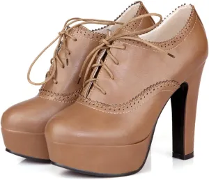 SHEMEE Womens Block Heel Platform Lace Up Pumps Oxford High Heels Ankle Booties Brogue Wingtip Vintage Dress Shoes