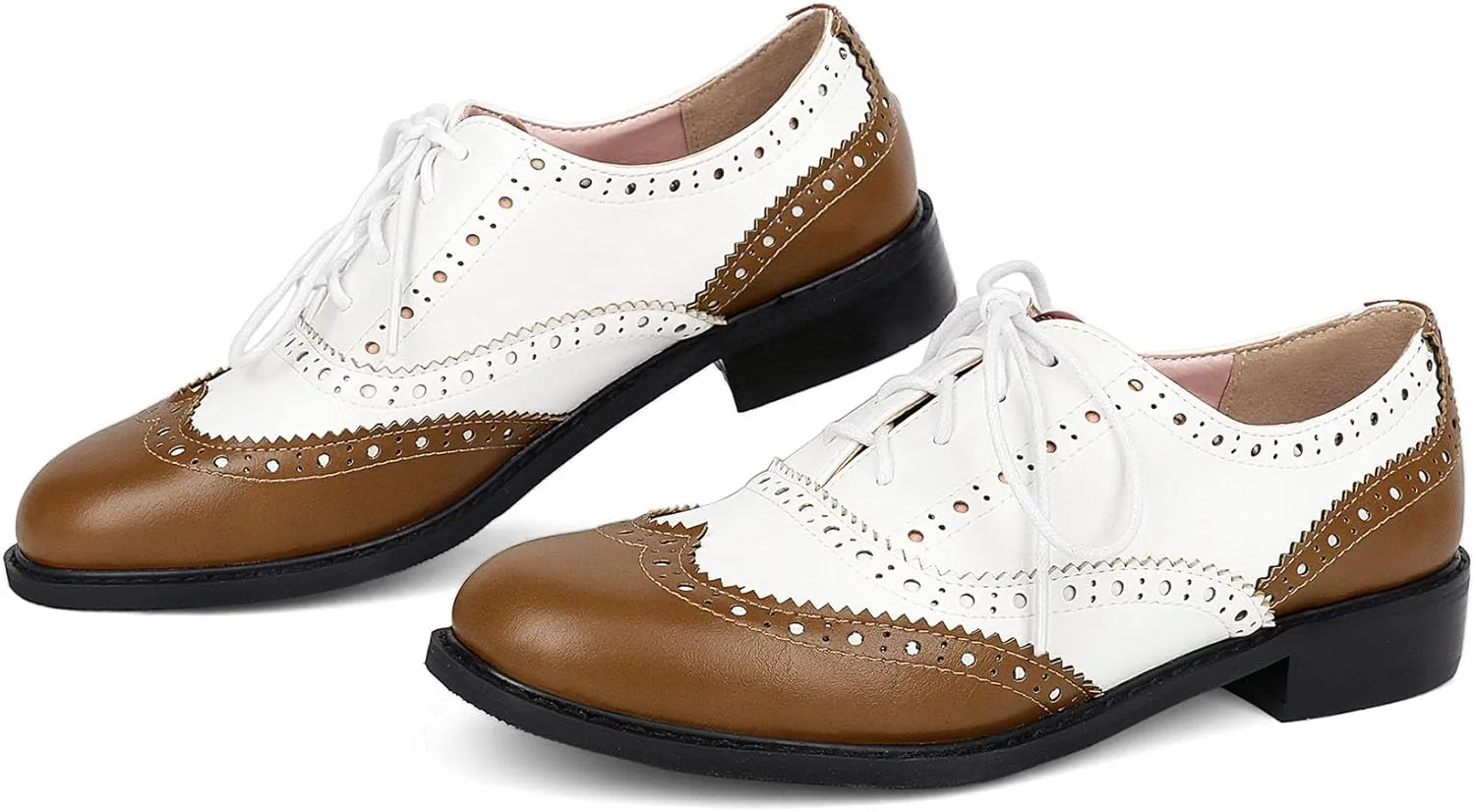 SHEMEE Women's Patent Leather Low Heels Vintage Wingtip Oxfords Pumps Lace Up Pointed Toe Flat Retro Brogues Dress Shoes