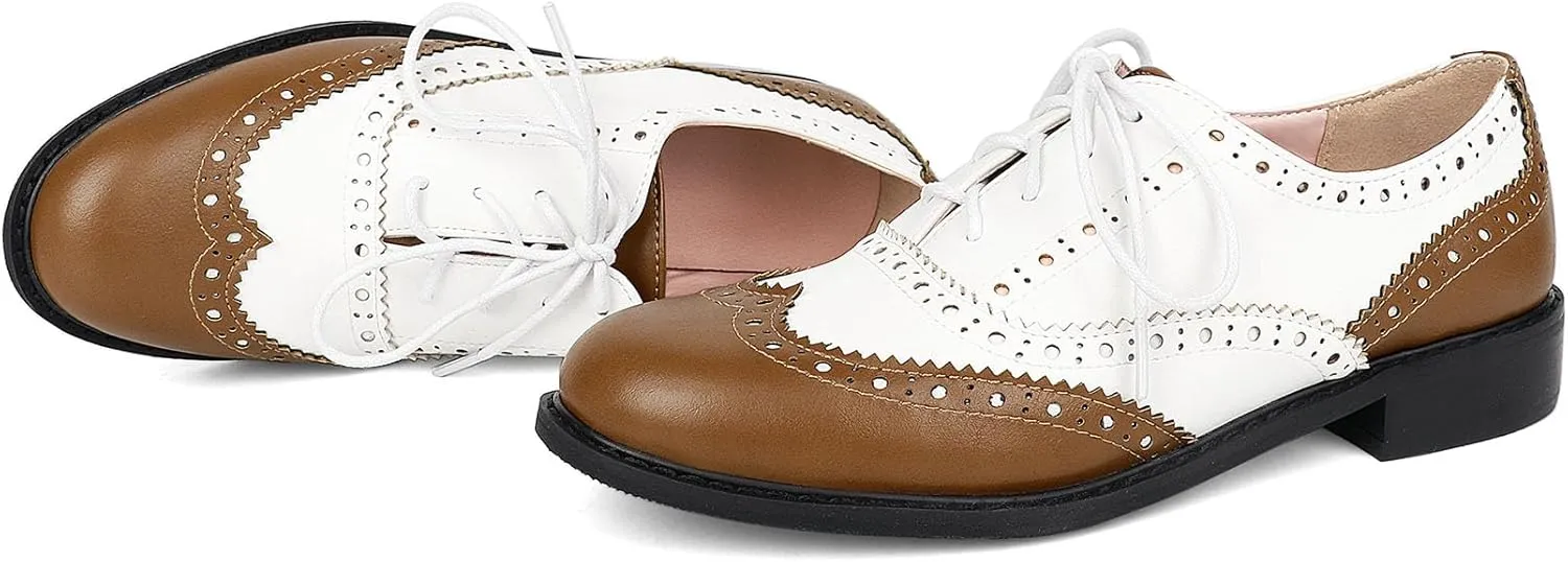 SHEMEE Women's Patent Leather Low Heels Vintage Wingtip Oxfords Pumps Lace Up Pointed Toe Flat Retro Brogues Dress Shoes