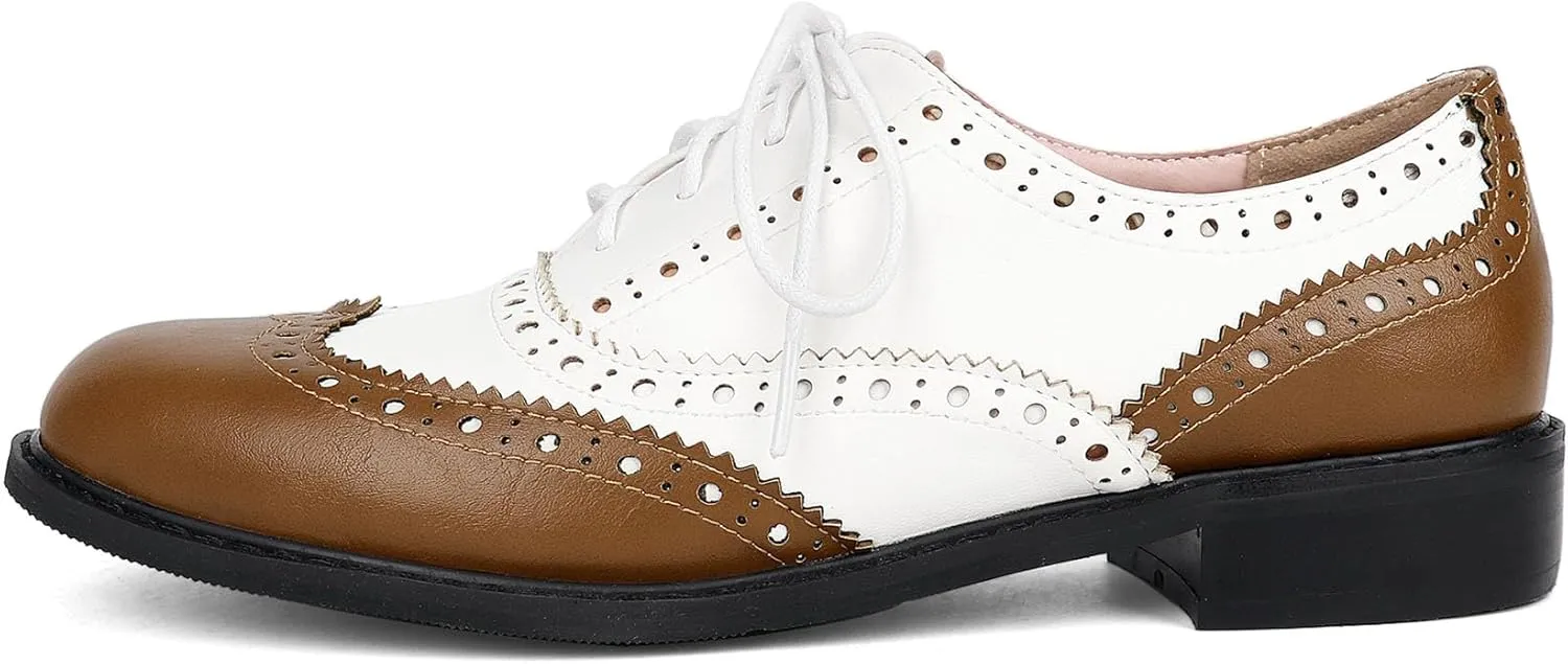 SHEMEE Women's Patent Leather Low Heels Vintage Wingtip Oxfords Pumps Lace Up Pointed Toe Flat Retro Brogues Dress Shoes