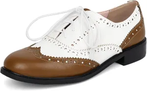 SHEMEE Women's Patent Leather Low Heels Vintage Wingtip Oxfords Pumps Lace Up Pointed Toe Flat Retro Brogues Dress Shoes