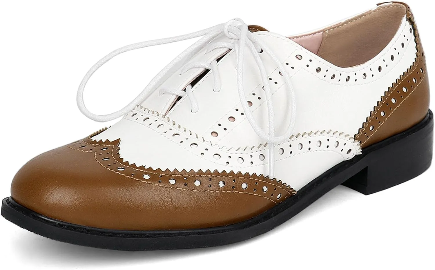 SHEMEE Women's Patent Leather Low Heels Vintage Wingtip Oxfords Pumps Lace Up Pointed Toe Flat Retro Brogues Dress Shoes