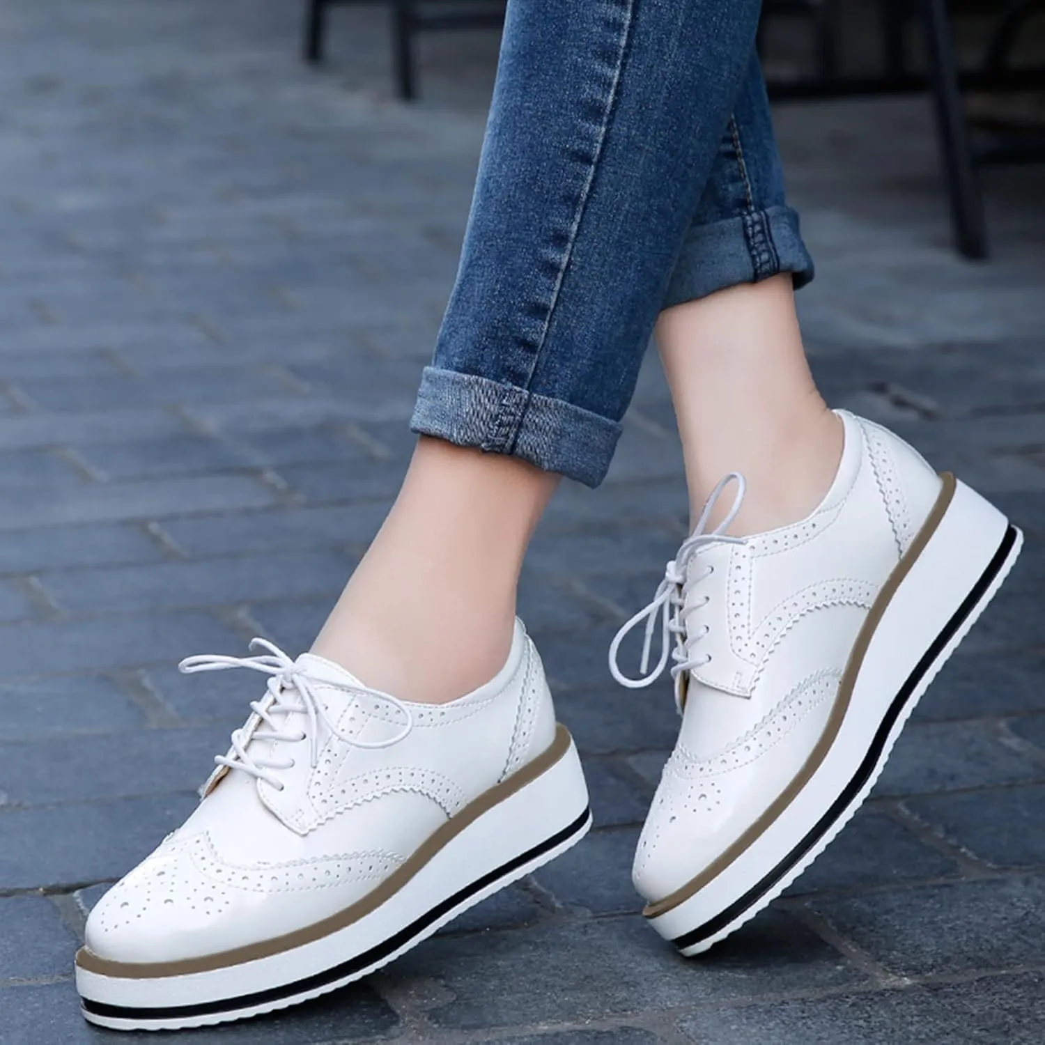 SHEMEE Women's Platform Low Heels Flat Lace Up Wingtip Oxfords Pumps Wedge Vintage Round Toe Brogues Dress Shoes