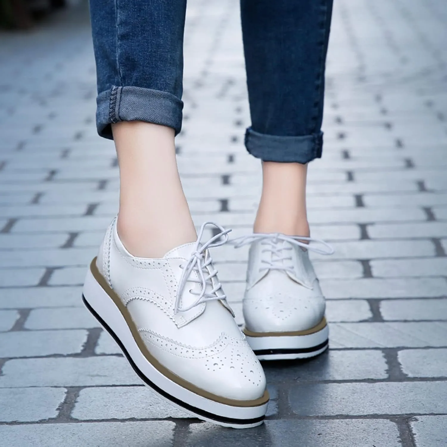 SHEMEE Women's Platform Low Heels Flat Lace Up Wingtip Oxfords Pumps Wedge Vintage Round Toe Brogues Dress Shoes