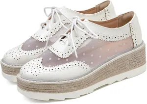 SHEMEE Women's Platform Patent Leather Lace Up Oxfords Pumps Vintage Wingtip Mid Heels Round Toe Brogues Flat Dress Shoes