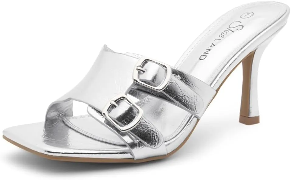 Shoe Land Melrose Women's High Heels Stiletto Heeled Slides, Square Open Toe One Band Slip-On Heeled Mules – Dressy Clear Heeled Sandals for Prom Party Wedding and Vacation