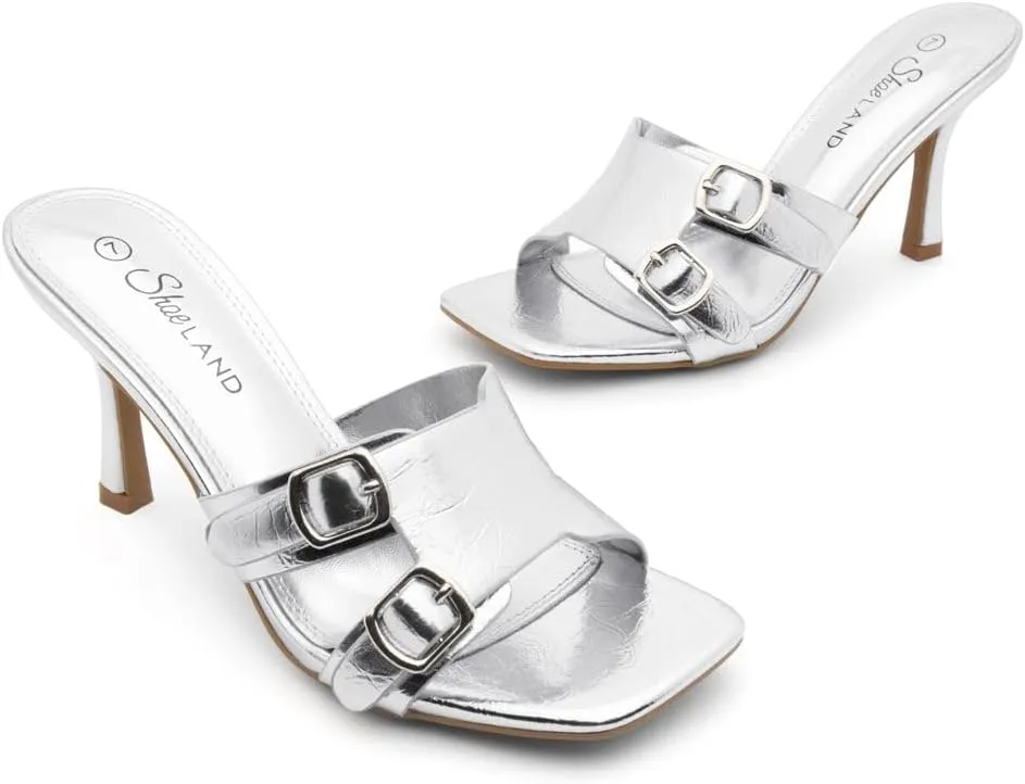 Shoe Land Melrose Women's High Heels Stiletto Heeled Slides, Square Open Toe One Band Slip-On Heeled Mules – Dressy Clear Heeled Sandals for Prom Party Wedding and Vacation