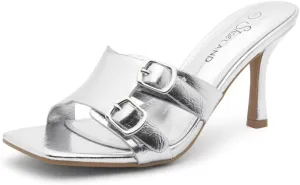 Shoe Land Melrose Women's High Heels Stiletto Heeled Slides, Square Open Toe One Band Slip-On Heeled Mules – Dressy Clear Heeled Sandals for Prom Party Wedding and Vacation