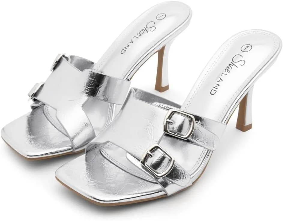 Shoe Land Melrose Women's High Heels Stiletto Heeled Slides, Square Open Toe One Band Slip-On Heeled Mules – Dressy Clear Heeled Sandals for Prom Party Wedding and Vacation
