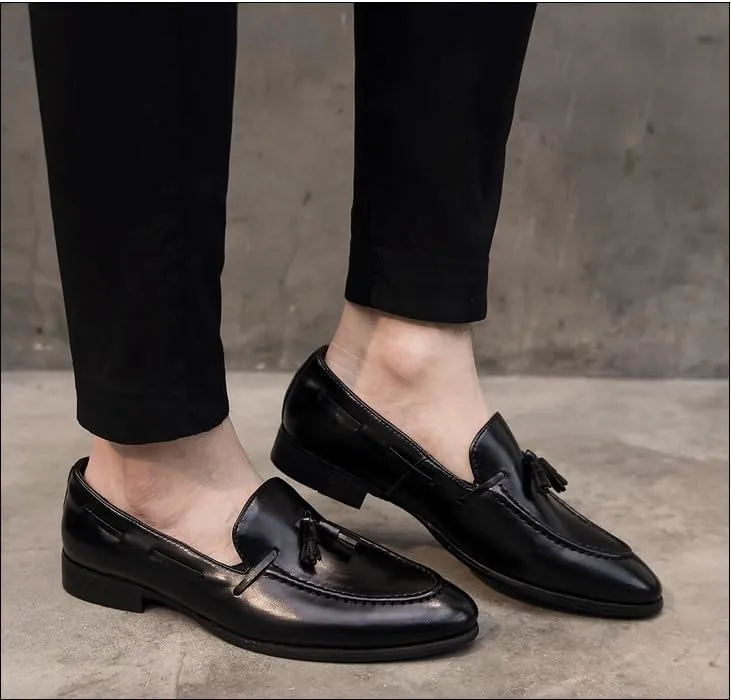 Shoes Dress Oxford for Men Slip On Pointed Burnished Toe with Tassel Apron Toe Loafer Low Top Slip Resistant Block Heel Non Slip Rubber Sole Walking