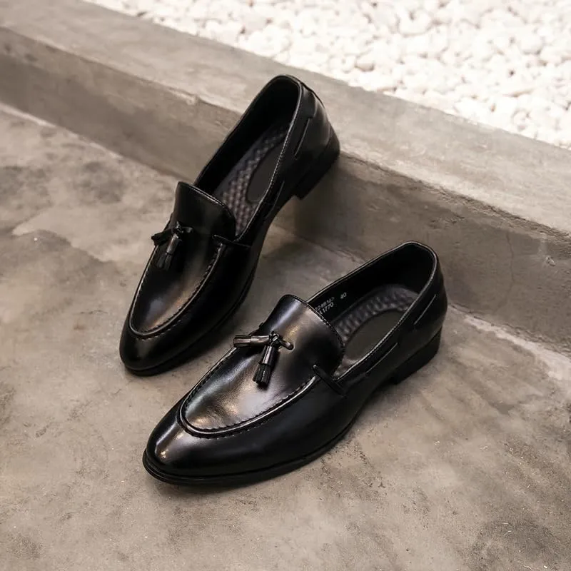 Shoes Dress Oxford for Men Slip On Pointed Burnished Toe with Tassel Apron Toe Loafer Low Top Slip Resistant Block Heel Non Slip Rubber Sole Walking