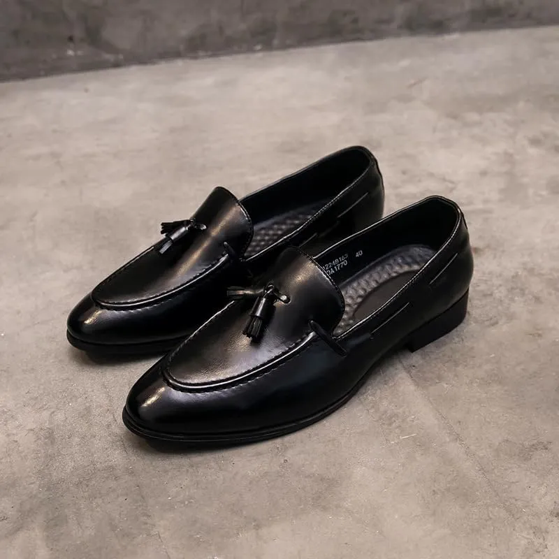 Shoes Dress Oxford for Men Slip On Pointed Burnished Toe with Tassel Apron Toe Loafer Low Top Slip Resistant Block Heel Non Slip Rubber Sole Walking