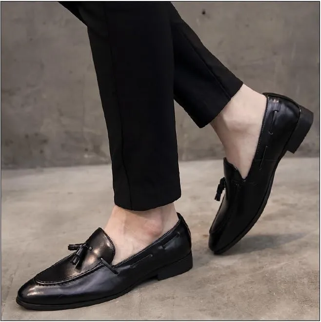 Shoes Dress Oxford for Men Slip On Pointed Burnished Toe with Tassel Apron Toe Loafer Low Top Slip Resistant Block Heel Non Slip Rubber Sole Walking