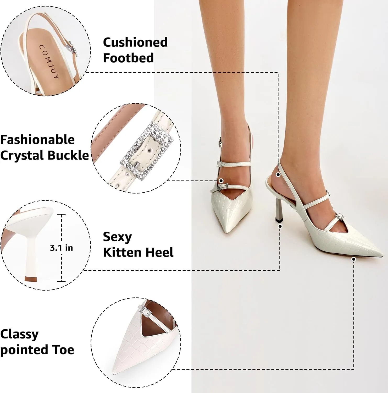 Slingback Heels for Women with Crystal Straps Pointed Toe Dress Sandals with Kitten Heel for Wedding Office Party or Formal Events