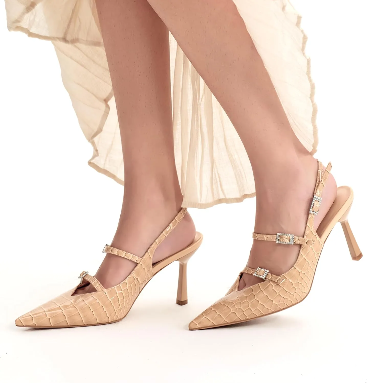 Slingback Heels for Women with Crystal Straps Pointed Toe Dress Sandals with Kitten Heel for Wedding Office Party or Formal Events