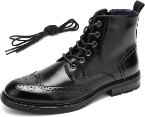 Temeshu Men's Wingtip Ankle Boot Side Zip Motorcycle Oxford Boots (with shoelaces) HH07
