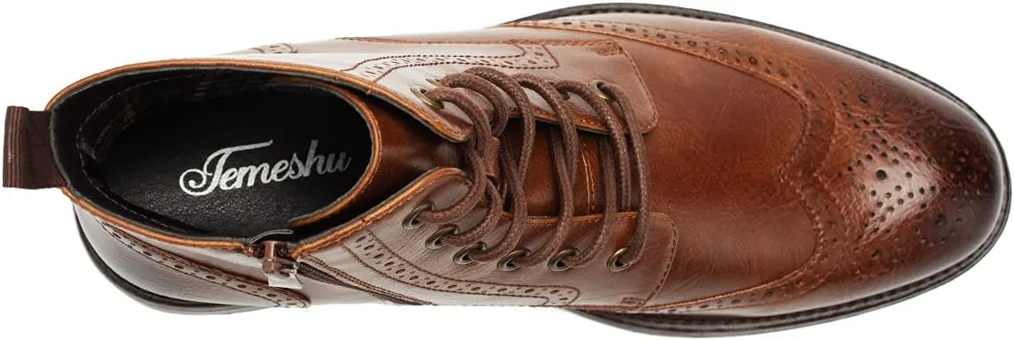 Temeshu Men's Wingtip Oxford Boot Side Zip Ankle Motorcycle Boots MS07