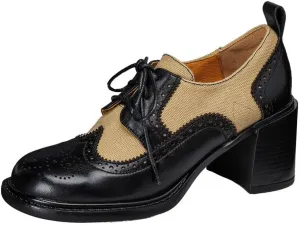 TinaCus Handmade Women's Genuine Leather Two-Tone Lace Up Wingtip Round Toe Chunky Heel Oxford Loafer