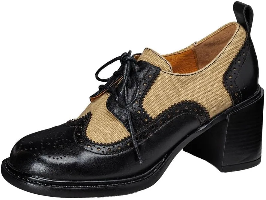 TinaCus Handmade Women's Genuine Leather Two-Tone Lace Up Wingtip Round Toe Chunky Heel Oxford Loafer