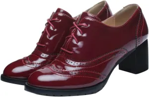 UniqueStride Womens Vintage Brogues Oxford Lace up Chunky Mid Heel Pumps Closed Round Toe Wingtip Patent Leather Shoes