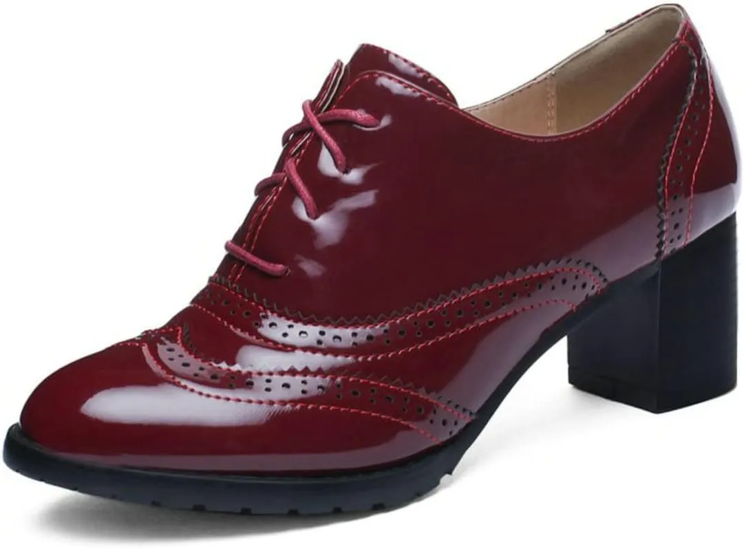 UniqueStride Womens Vintage Brogues Oxford Lace up Chunky Mid Heel Pumps Closed Round Toe Wingtip Patent Leather Shoes