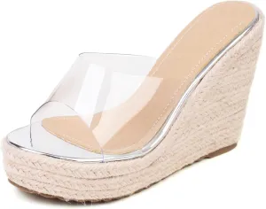 VARECOLA Slip On Espadrilles Wedge Platform Sandals For Women Clear Strap Slide Heeled Sandals Beach Summer Mule Sandals