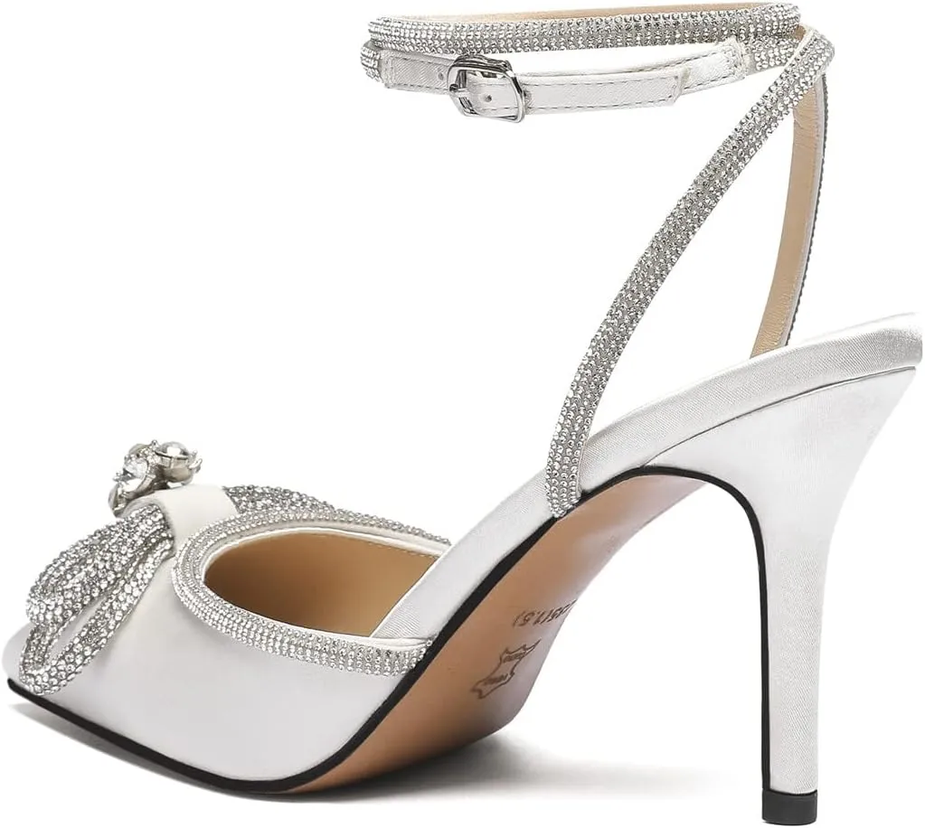 Vertundy Women's Lace up High Heeled Sandals Ankle Buckle Strap Rhinestone Bowknot Stilettos Satin Pointy Pumps