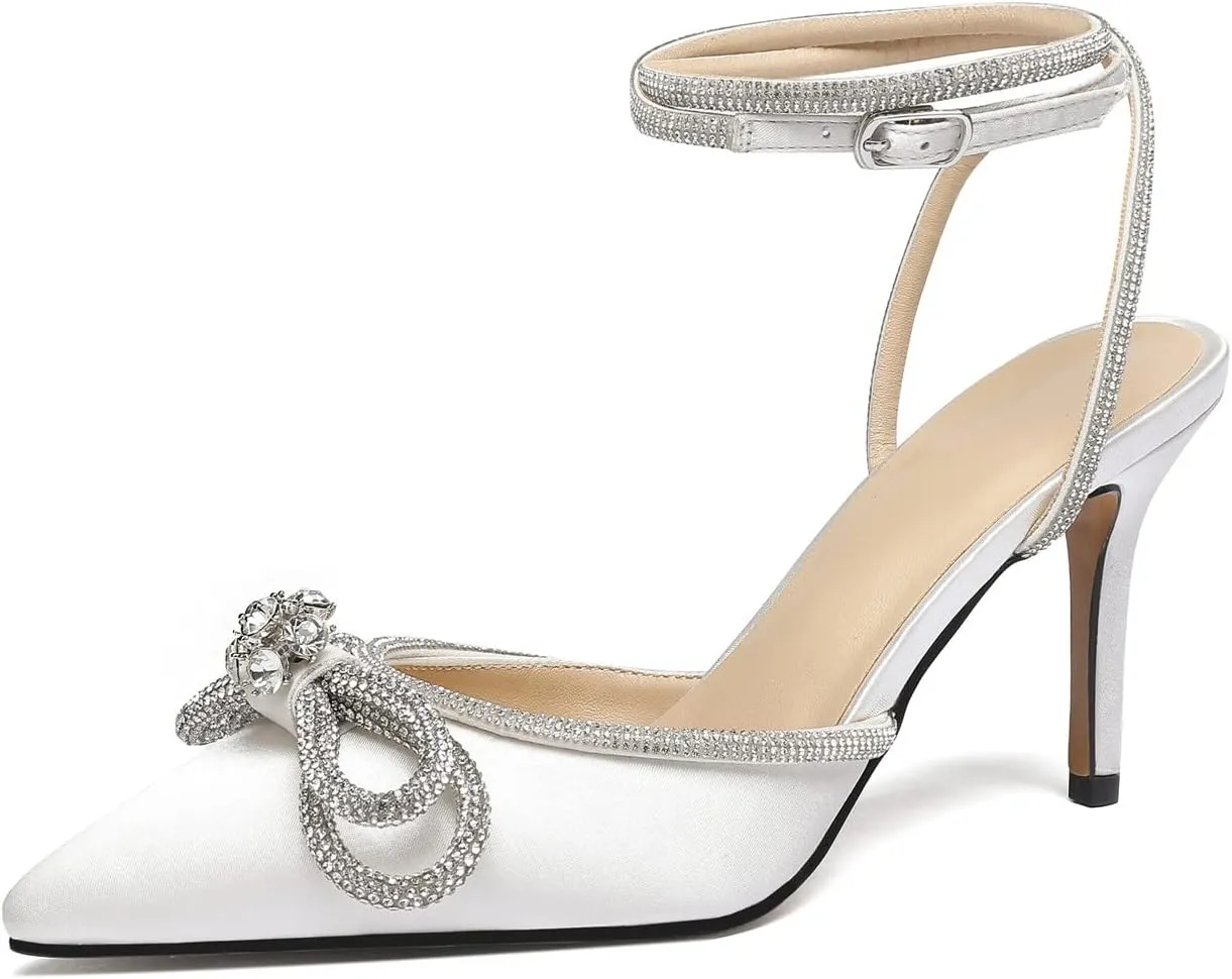 Vertundy Women's Lace up High Heeled Sandals Ankle Buckle Strap Rhinestone Bowknot Stilettos Satin Pointy Pumps