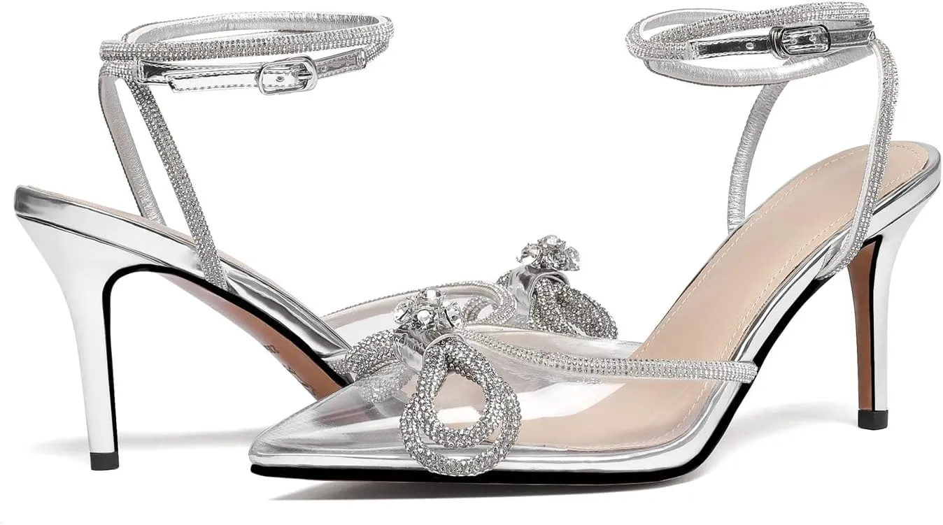Vertundy Women's Lace up High Heeled Sandals Ankle Buckle Strap Rhinestone Bowknot Stilettos Satin Pointy Pumps