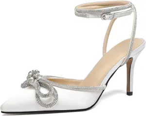 Vertundy Women's Lace up High Heeled Sandals Ankle Buckle Strap Rhinestone Bowknot Stilettos Satin Pointy Pumps