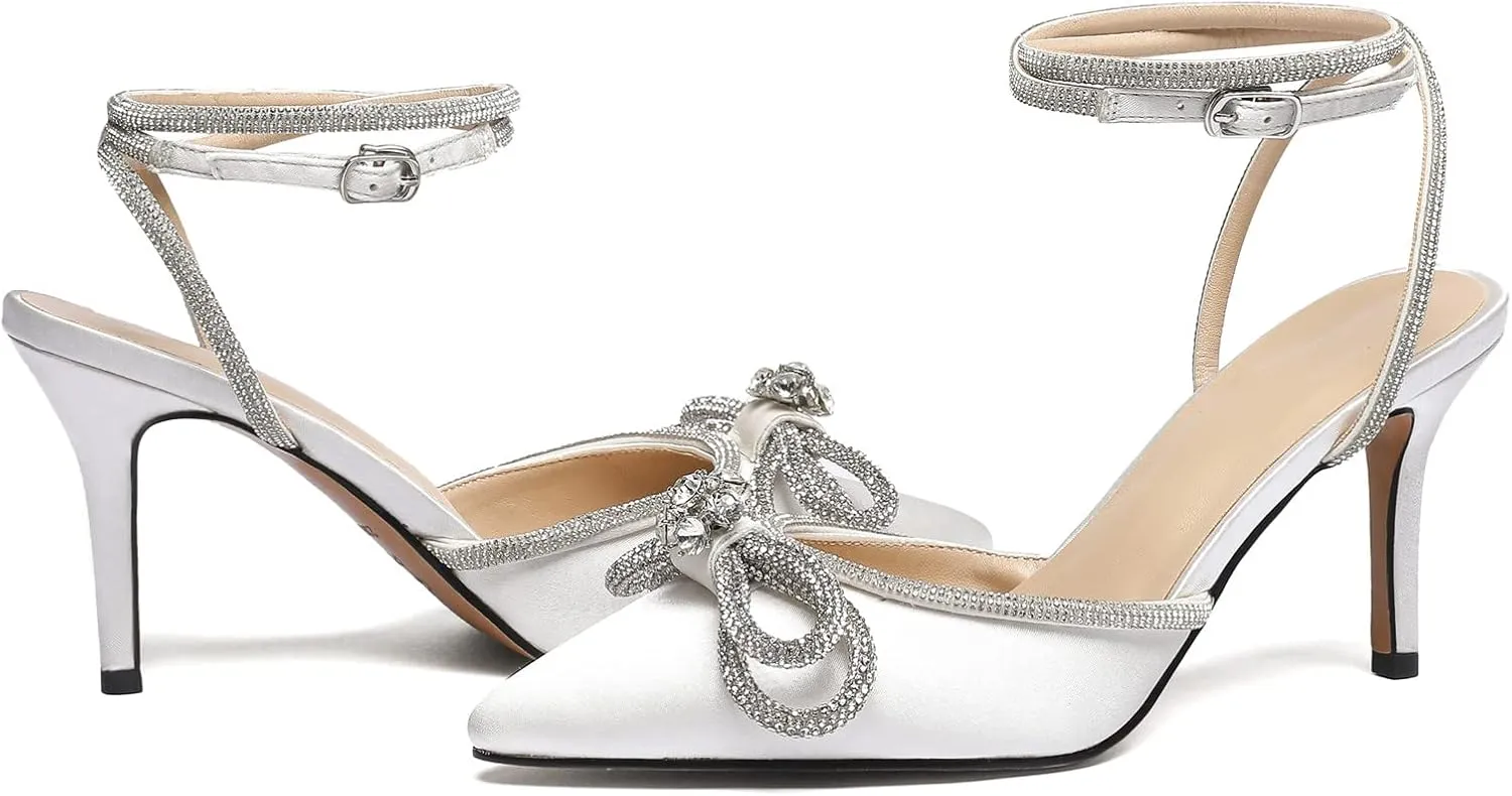 Vertundy Women's Lace up High Heeled Sandals Ankle Buckle Strap Rhinestone Bowknot Stilettos Satin Pointy Pumps