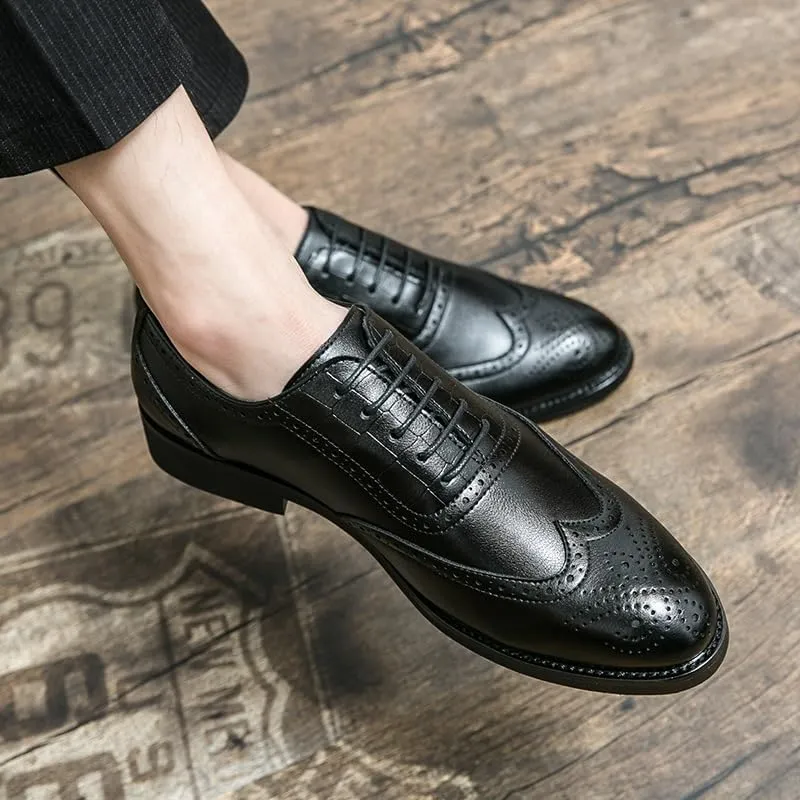 Vintage Height Increase Dress Shoes Spring Men Breathable Lace-Up Loafers Classic Comfortable Business Leather Shoes