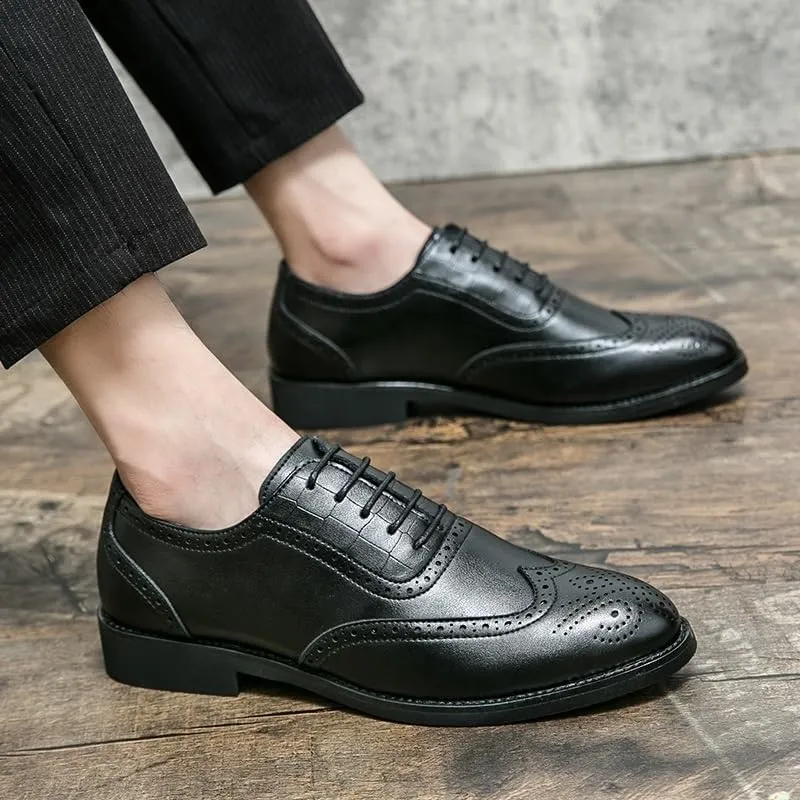 Vintage Height Increase Dress Shoes Spring Men Breathable Lace-Up Loafers Classic Comfortable Business Leather Shoes