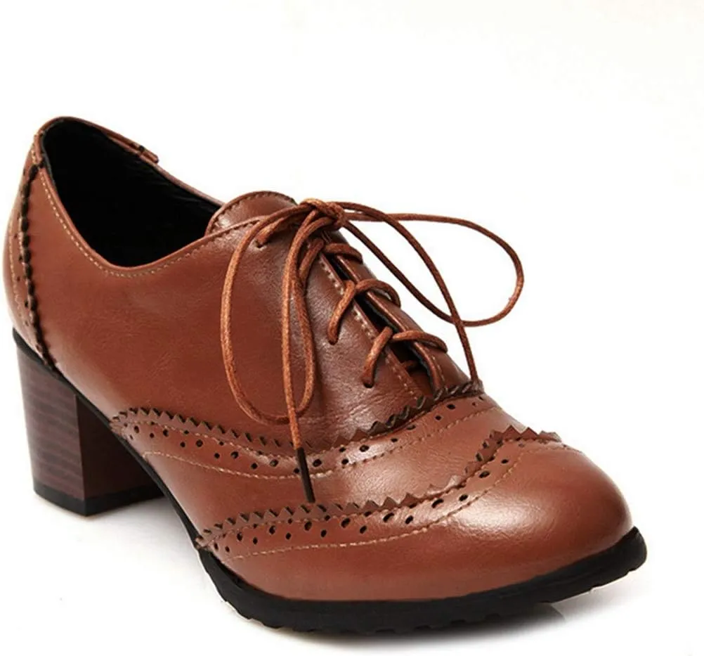 VOKLIN Women's Chunky Block Mid Heels Oxford Pumps Wingtip Perforated Lace Up Vintage Brogues Dress Shoes