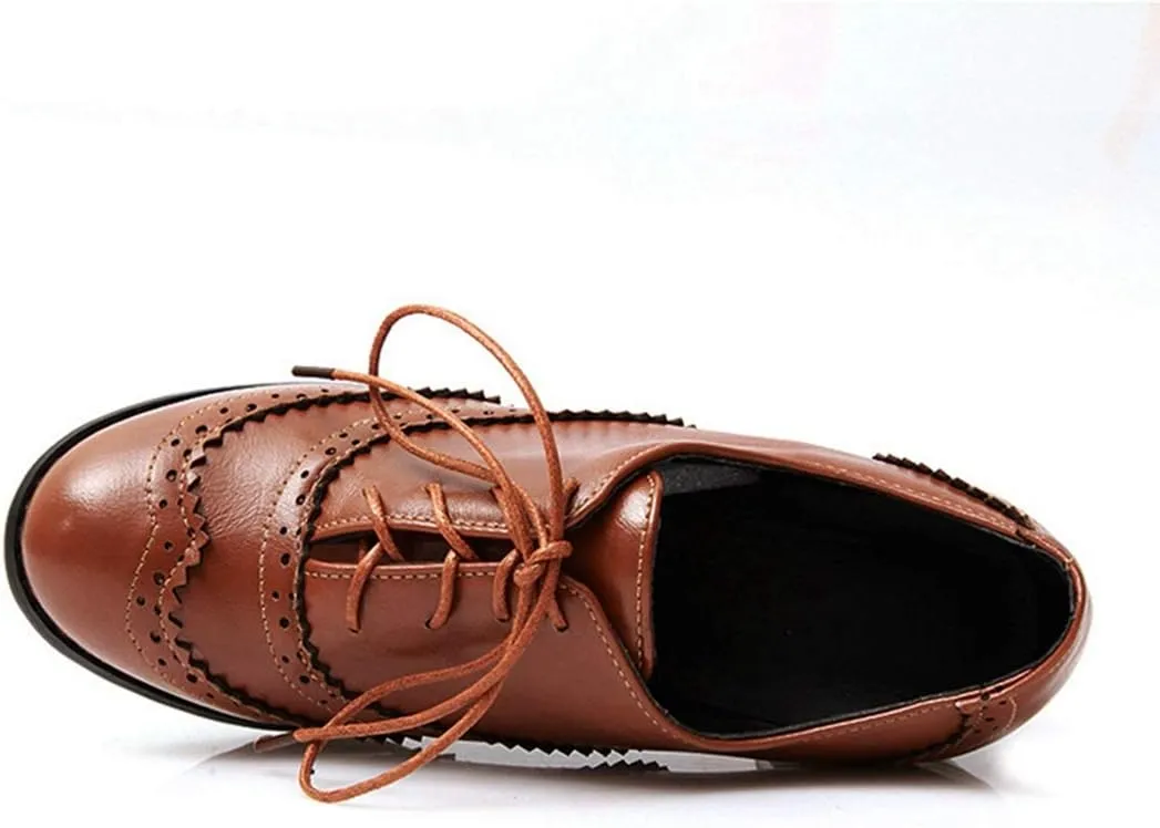 VOKLIN Women's Chunky Block Mid Heels Oxford Pumps Wingtip Perforated Lace Up Vintage Brogues Dress Shoes