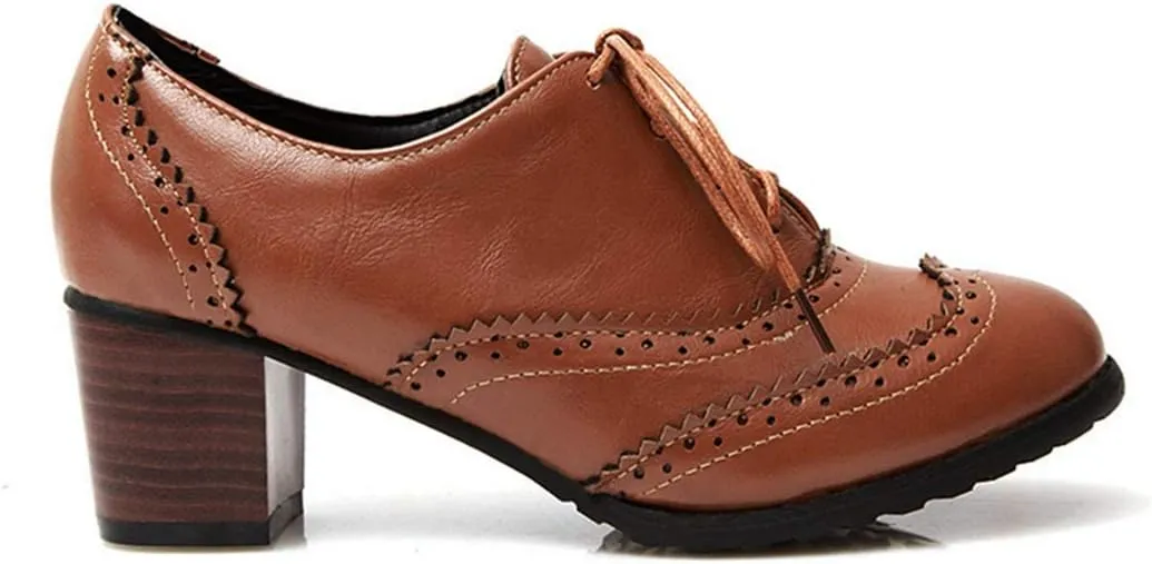 VOKLIN Women's Chunky Block Mid Heels Oxford Pumps Wingtip Perforated Lace Up Vintage Brogues Dress Shoes