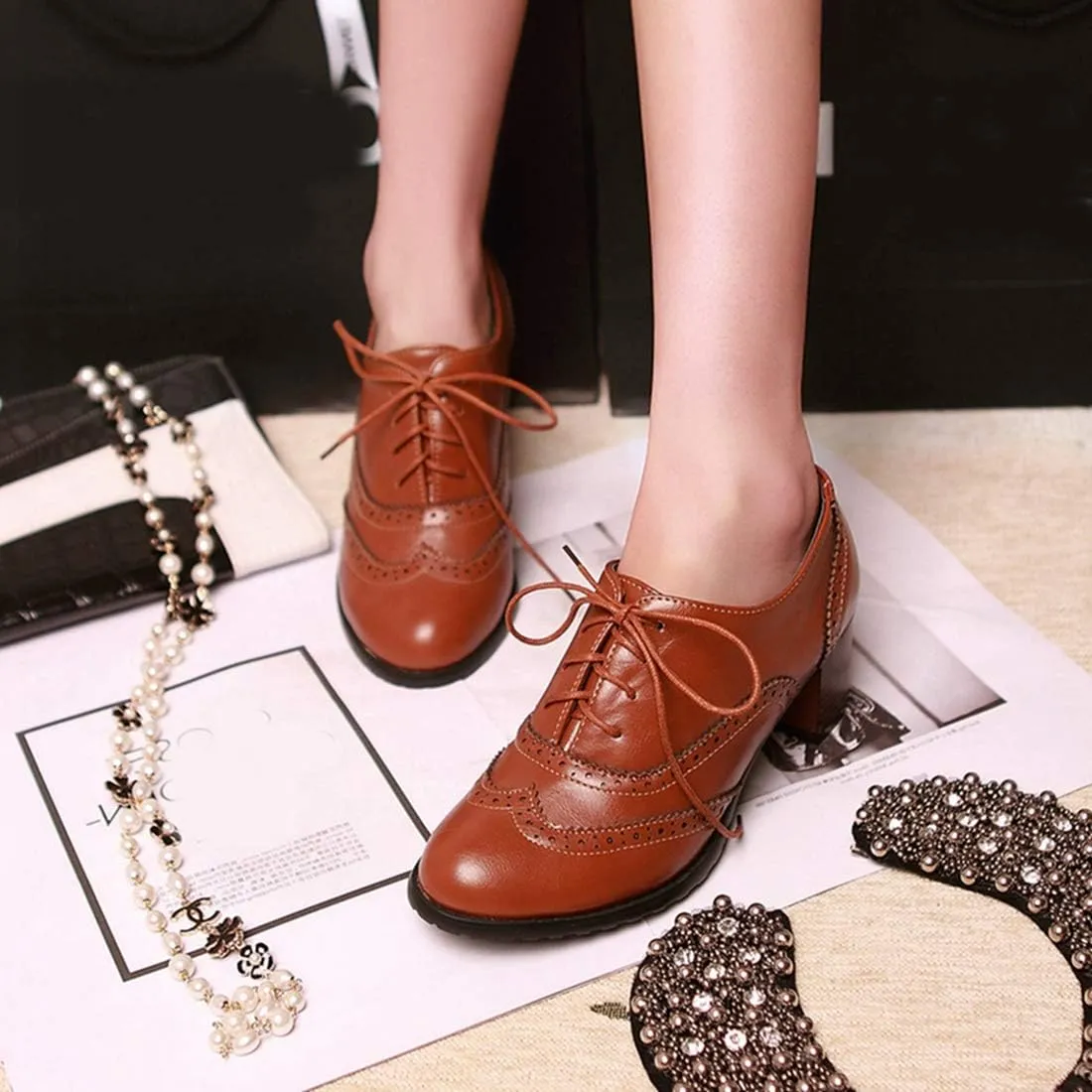 VOKLIN Women's Chunky Block Mid Heels Oxford Pumps Wingtip Perforated Lace Up Vintage Brogues Dress Shoes