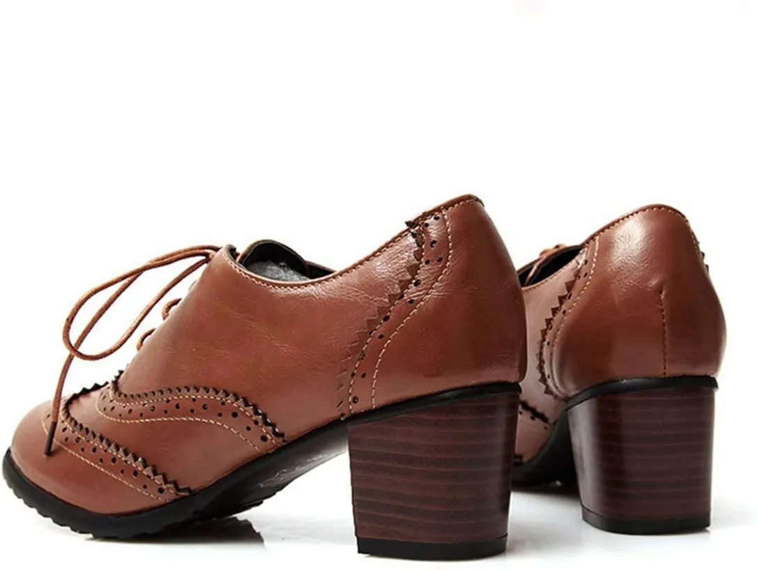 VOKLIN Women's Chunky Block Mid Heels Oxford Pumps Wingtip Perforated Lace Up Vintage Brogues Dress Shoes