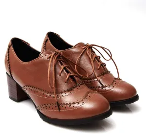 VOKLIN Women's Chunky Block Mid Heels Oxford Pumps Wingtip Perforated Lace Up Vintage Brogues Dress Shoes