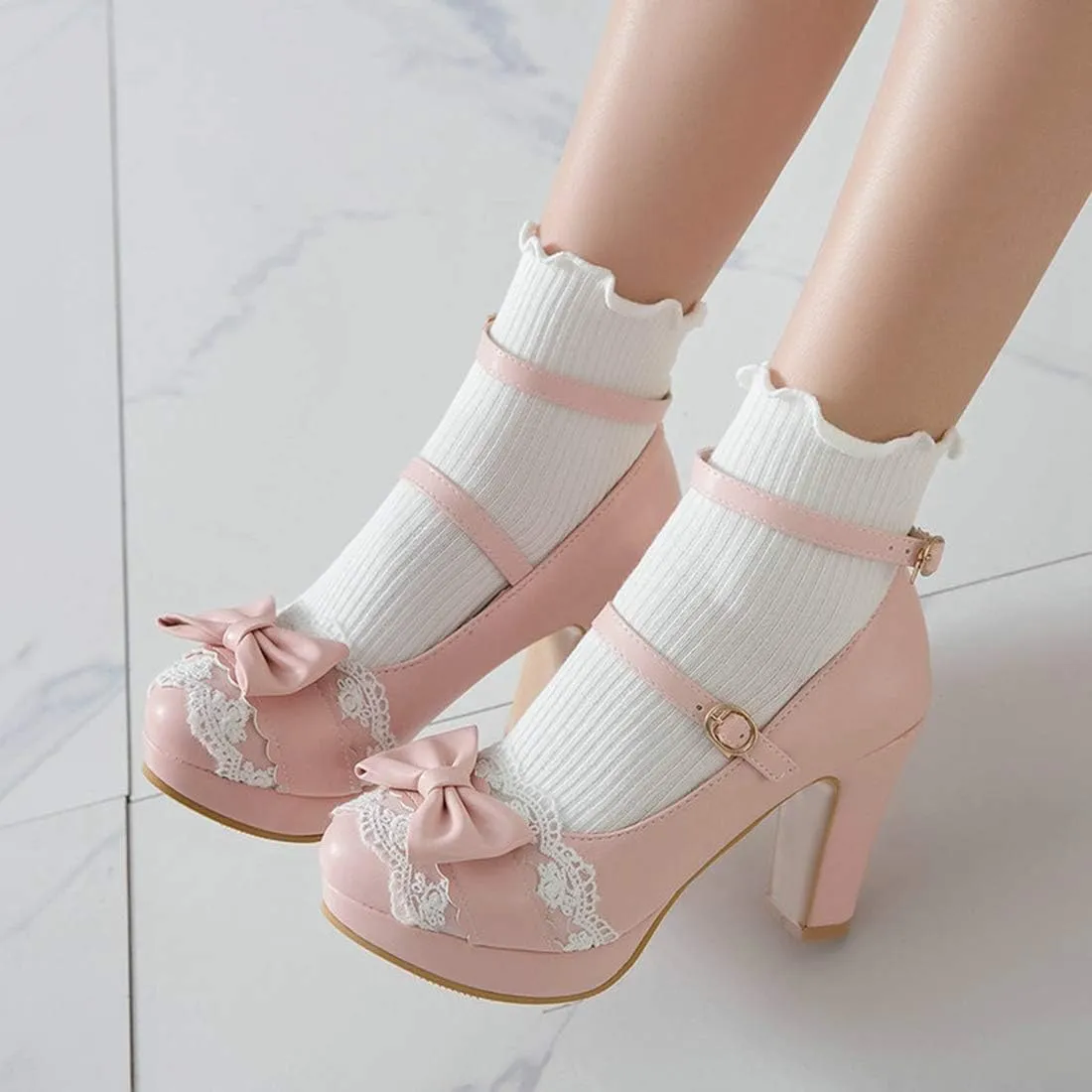 VOKLIN Women's Girls Lolita Platform Mary Jane Pumps Sweet Bow Ankle Strap Block High Heel Oxford Dress Shoes
